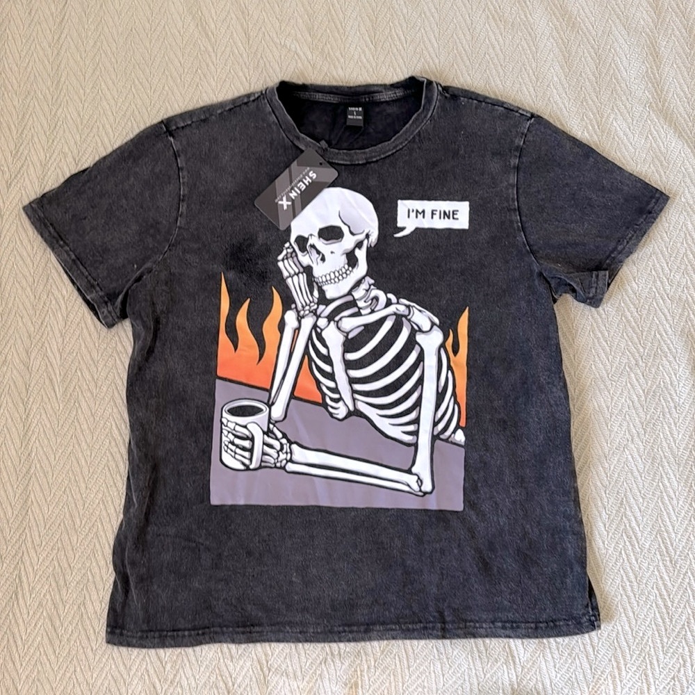 NWT SHEIN Black Thick Cotton Acid Wash I’m Fine Skeleton Graphic T-shirt